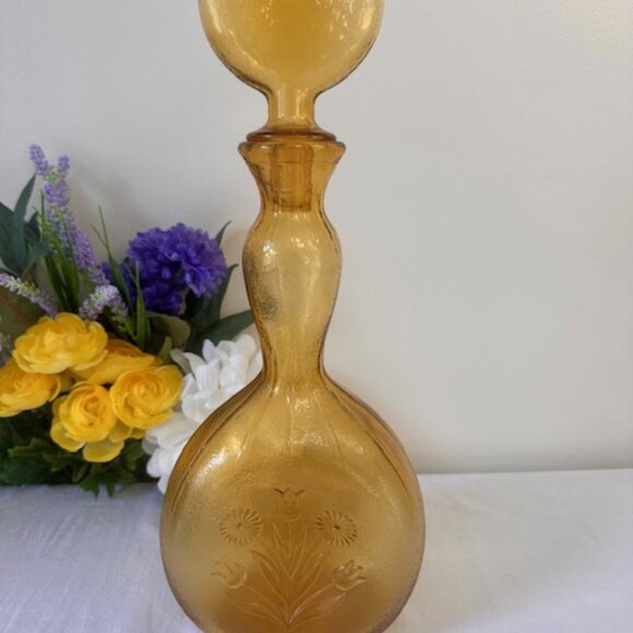 Vintage Amber Glass Floral Decanter with Lollipop Stopper Italian Style Embossed - Picture 1 of 5